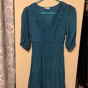 Teal Ruffled V-Neck Dress